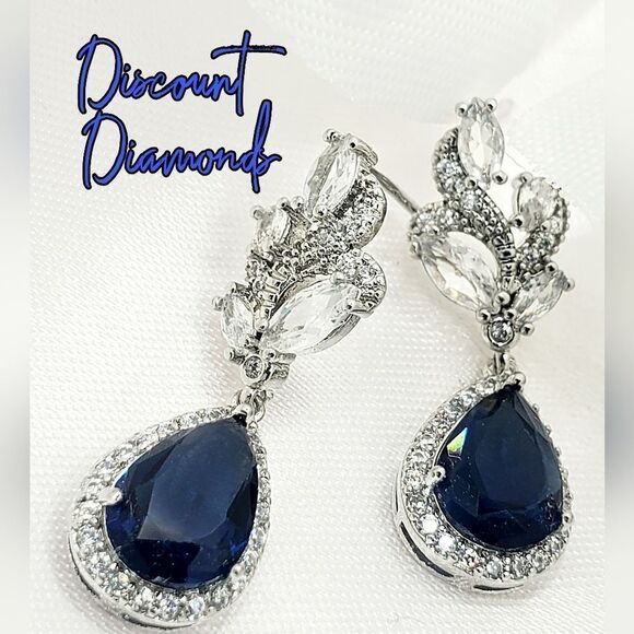 Blue Sapphire & White Baguette Diamond Drop Stud Earrings 925  Silver - Women's - Picture 7 of 9